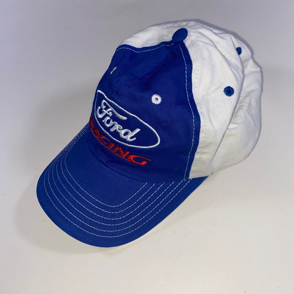 Ford Racing Hat Blue White Checkered Flag Sports Adjustable Baseball Cap Logo